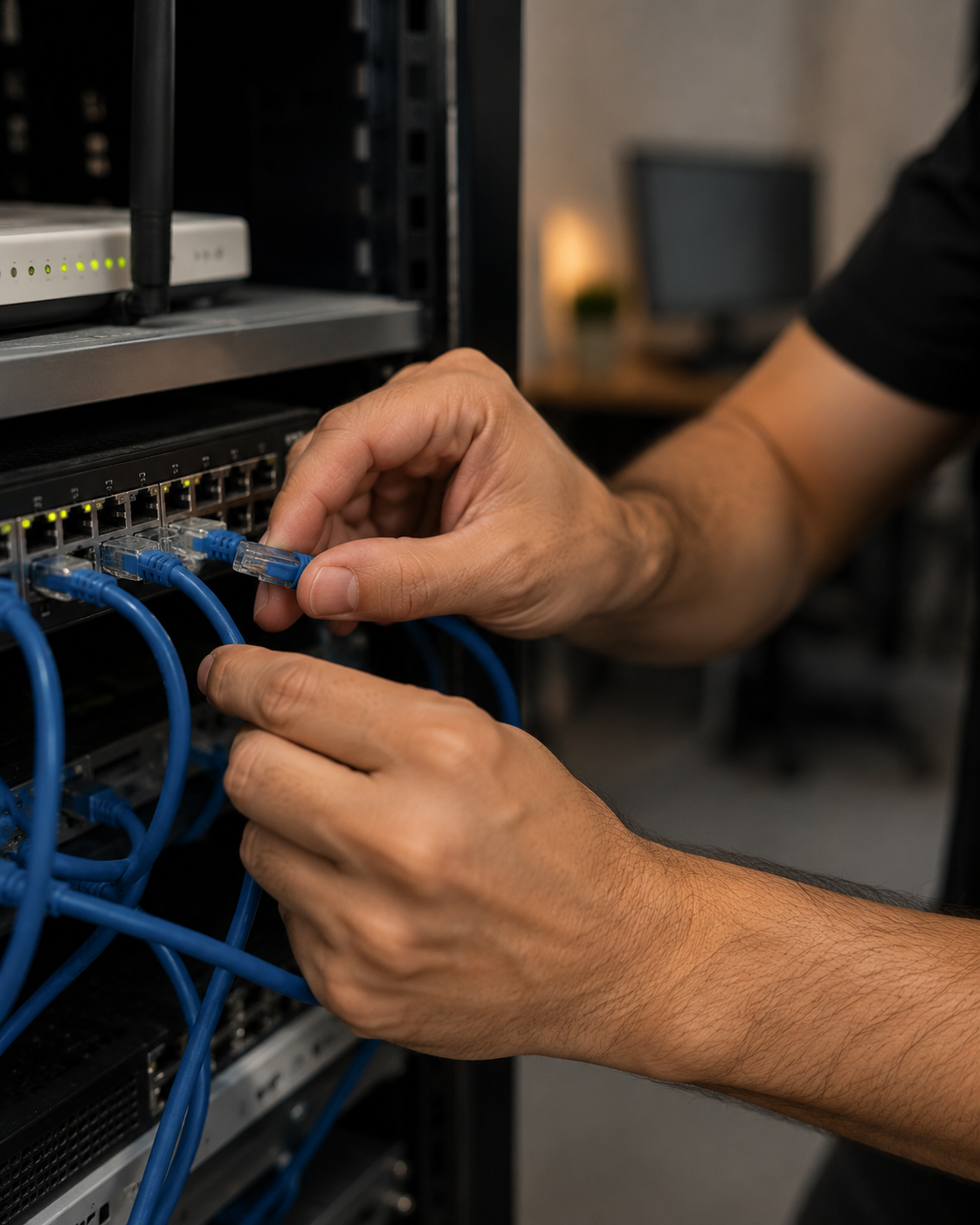 Instalação de cabos ethernet em switch de rede profissional